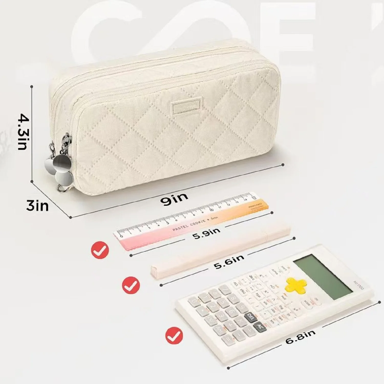 Makeasy Pencil Case Large Capacity Pencil Pouch Soft Quilted Pen Bag Office Stationery Organizer Sturdy Pencil Bag for Women