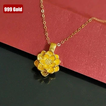 100% genuine 999 pure gold flower necklace elegant jewelry wife and girlfriend gift 24k gold women necklace