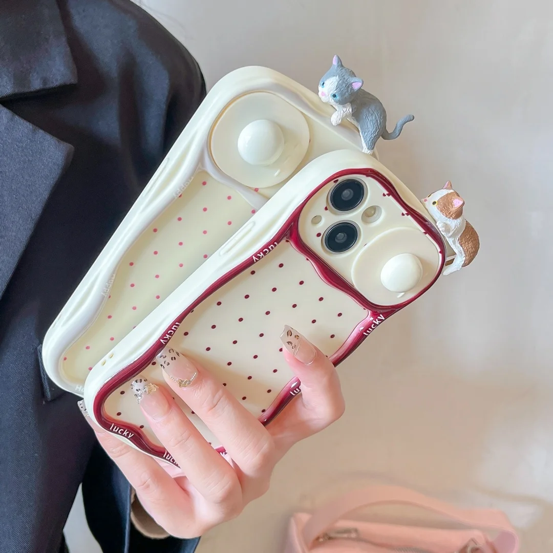 

Cute 3D Cartoon Lying Cat Polka dot Pattern Phone Case For iPhone17 16 15 14 13 12 11 Pro Max Plus Lovely Push Pull Camera Cover