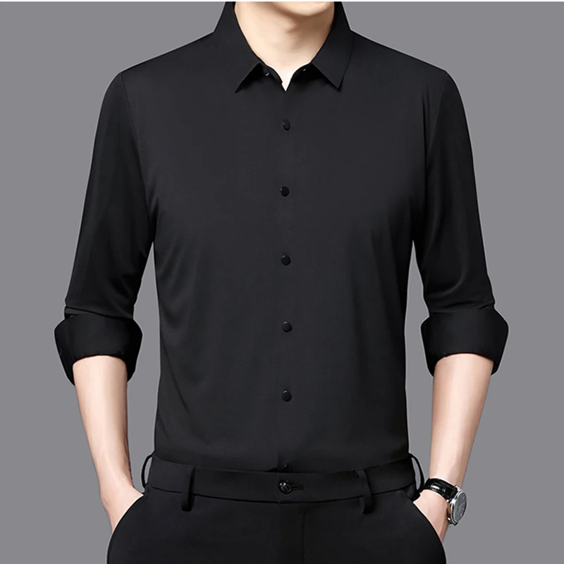 Men's Casual Solid Color Long Sleeve Shirts Fashion Smooth Handsome Classic Black White Wedding Party Prom Shirt Business Office