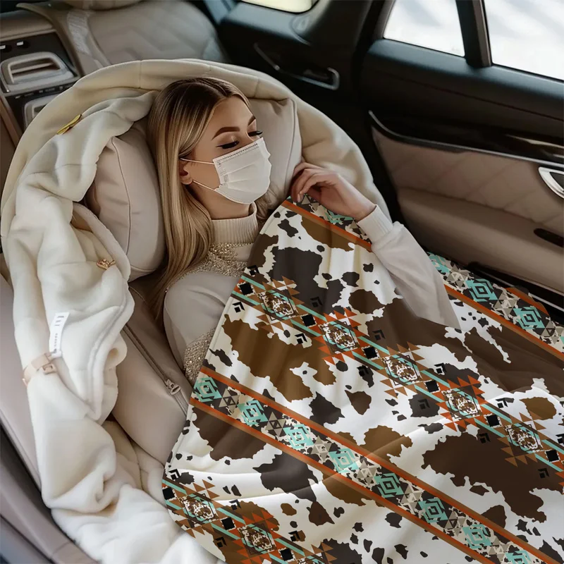 Cream Cow Print Teal Aztec Geometric Stripe Flannel Throw Blanket, Soft Blanket For Sofa Room, Western Ethnic Home Decor Gift