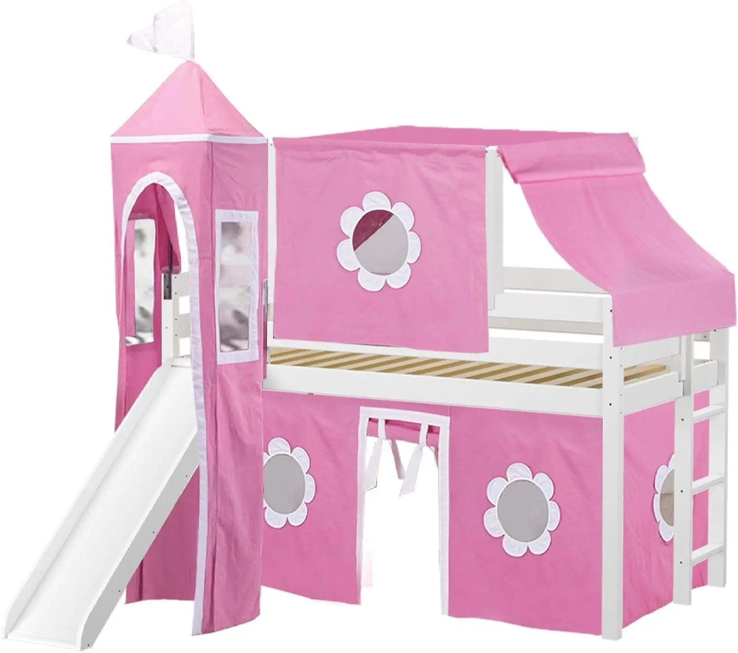 Princess Low Loft Bed with Slide, Pink and White Tent and Tower, Twin, White