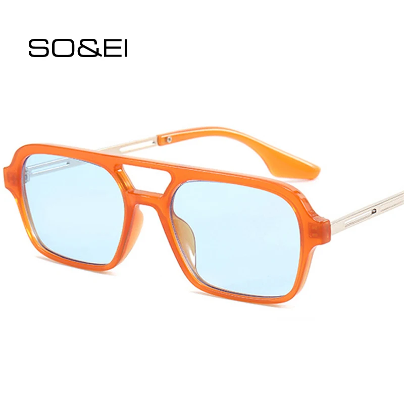 

SO&EI Retro Double Bridges Square Sunglasses Women Fashion Clear Ocean Lens Shades UV400 Men Trending Metal Hollow Sun Glasses