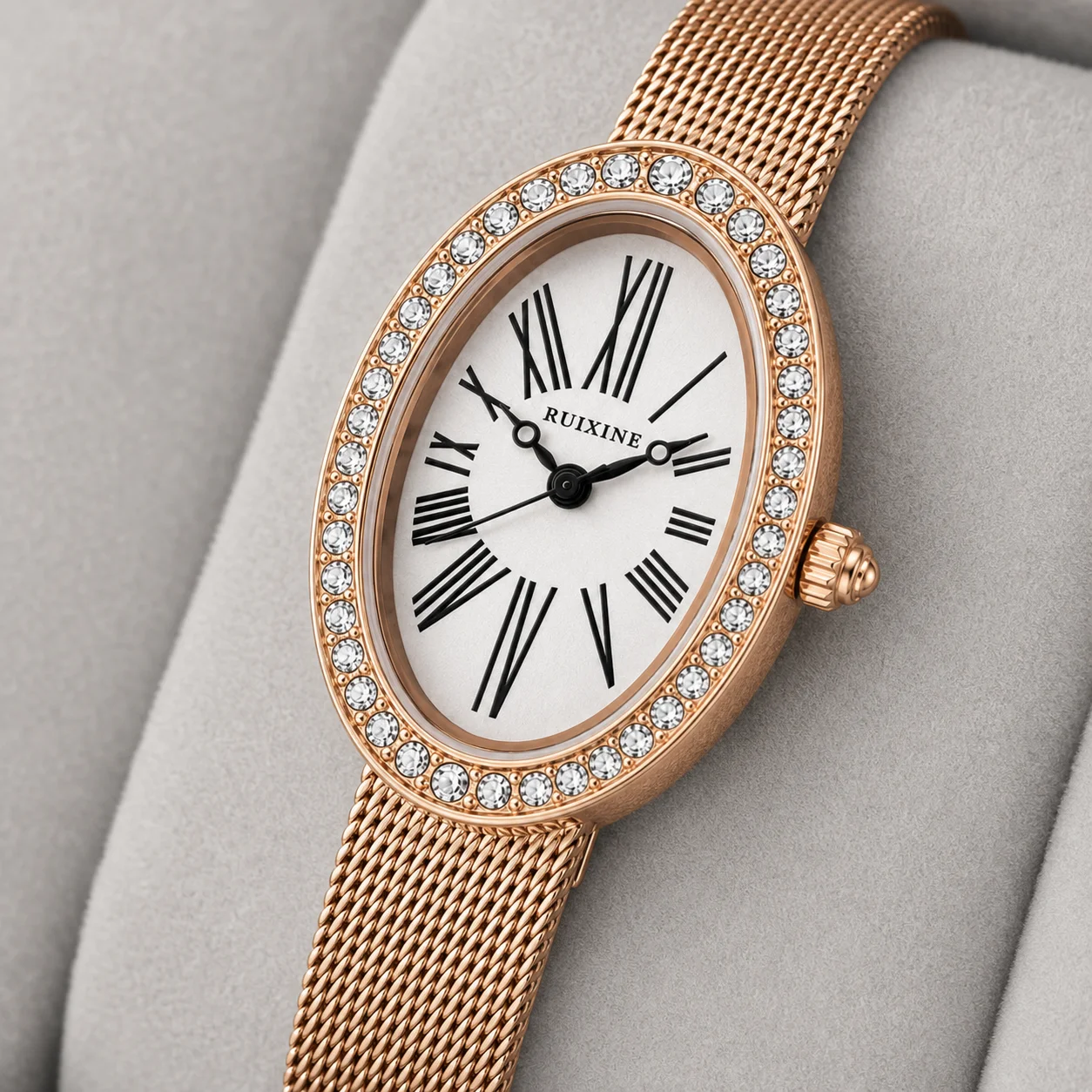 RUIXINE Oval Women Watch Rose Gold Mesh Band Crystal Bezel Roman Numeral Pink Dial Elegant Ladies Quartz Wristwatch Gift