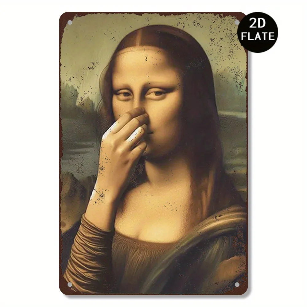 Panneau mural en métal parodiant la Mona Lisa, style vintage, décoration rustique 2D en fer plat pour la maison, la ferme ou la salle de bain, 30,48 cm x 20,32 cm