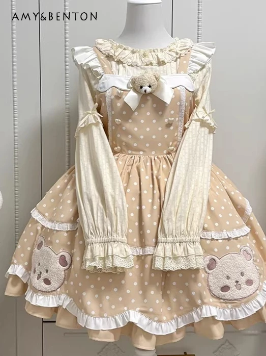 

Original Polka Dot Cute Bear Party Evening Dresses Lolita Style Cute Cartoon Print Suspender Dress Women JSK Princess Tutu Dress