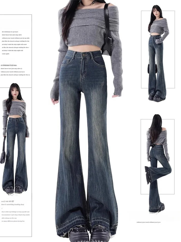 

American Style High Waist Bell Bottom Jeans Women's Spring New plus Size Flared Hoof Jeans Slimming Floor Length