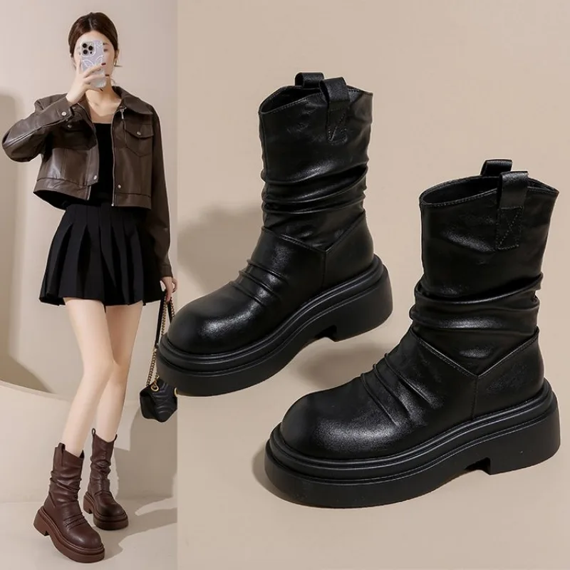 

Winter Women Biker Boots Fashion Belt Buckle Ladies Elegant Platform Flats Short Booties Casual Women's Knight Booties New 2025