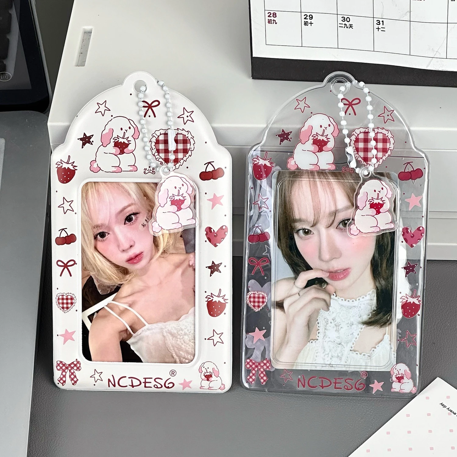 2pcs Strawberry Bunny Print Photocard Holder Korean Style 3 Inch Kpop Idol Card Case Polaroid Photo Protector
