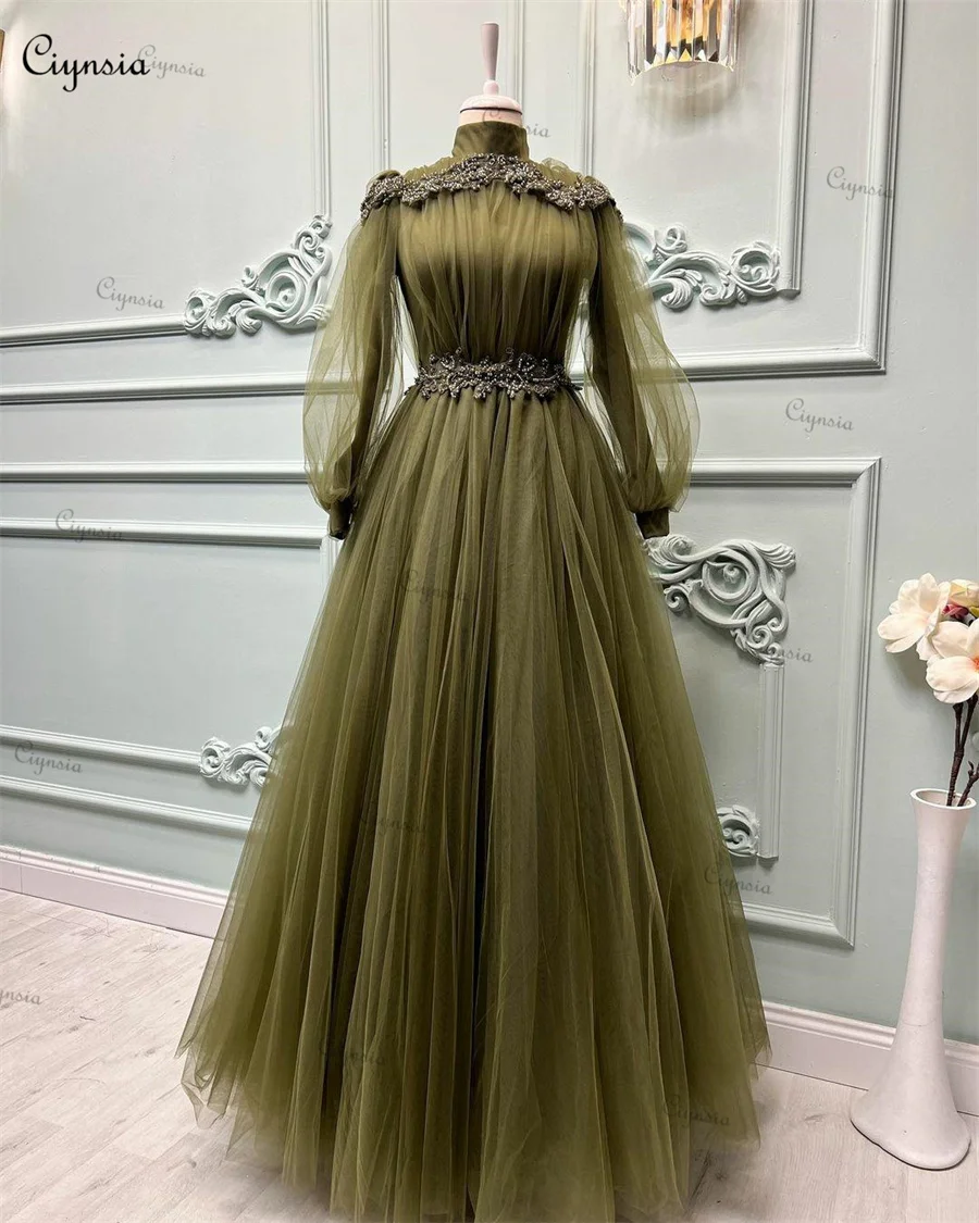 Ciynsia Elegant A-Line Muslim Formal Dress Long Sleeves Tulle High Neck Appliques Prom Dresses for Women Party Wedding Evening