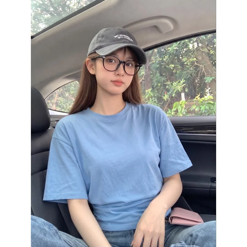 Korean Loose Short Sleeve round Neck T-Shirt Wide Shoulder Pure Color Waist Cinched Gathered Side Slit Regular Polyester