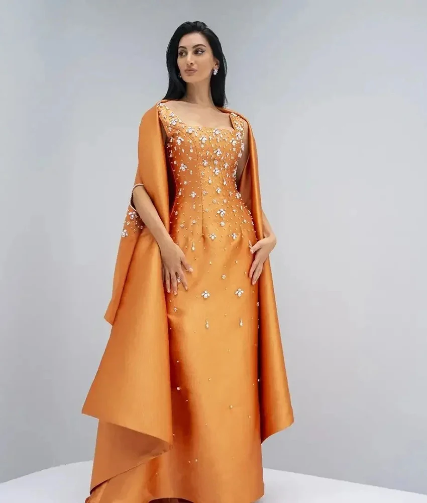 

Customized Luxury Satin A-Line Spaghetti Straps shawl Crystal Evening Dress Delicate Square Neck Floor Length Prom Gowns