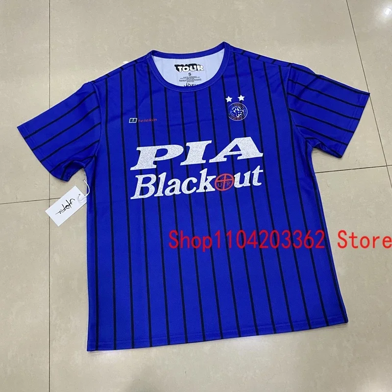 Classic Blue Black Striped Cactus Jack Jersey Short Sleeve Real Photo Retro Do Old Print Tops Rapper UTOPIA Tour T-shirt Men's