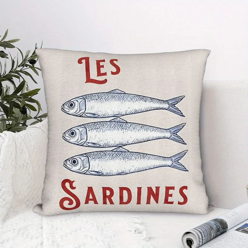 Short Plush “Les Sardines” Nautical Pillowcase 18x18 Inch Double Sided Printed Zipper Cushion Cover Vintage Seafood Decor