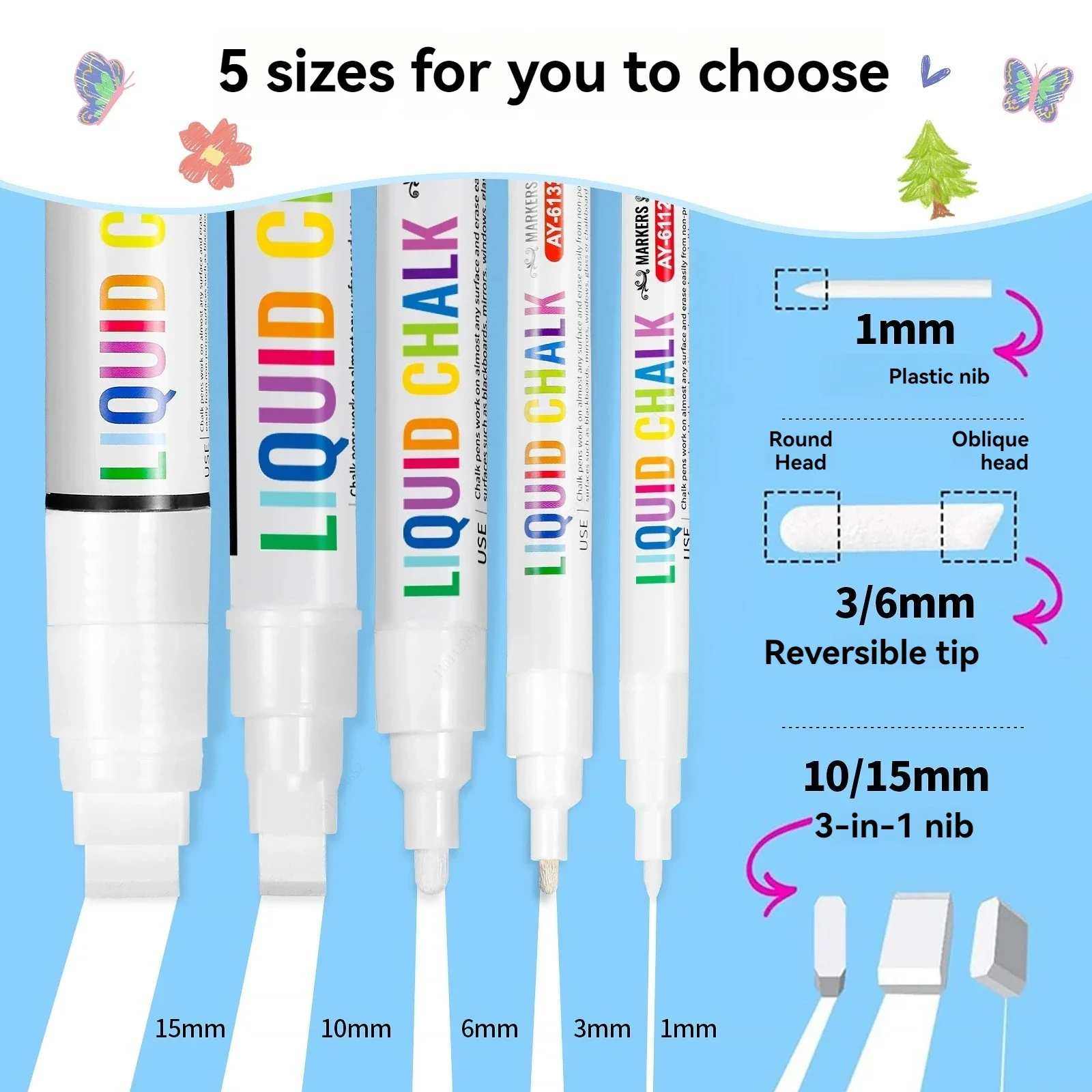 Marcador de giz líquido branco, 5 peças, apagável, não tóxico, à base de água, 1-15mm para quadros negros, marcadores de janelas