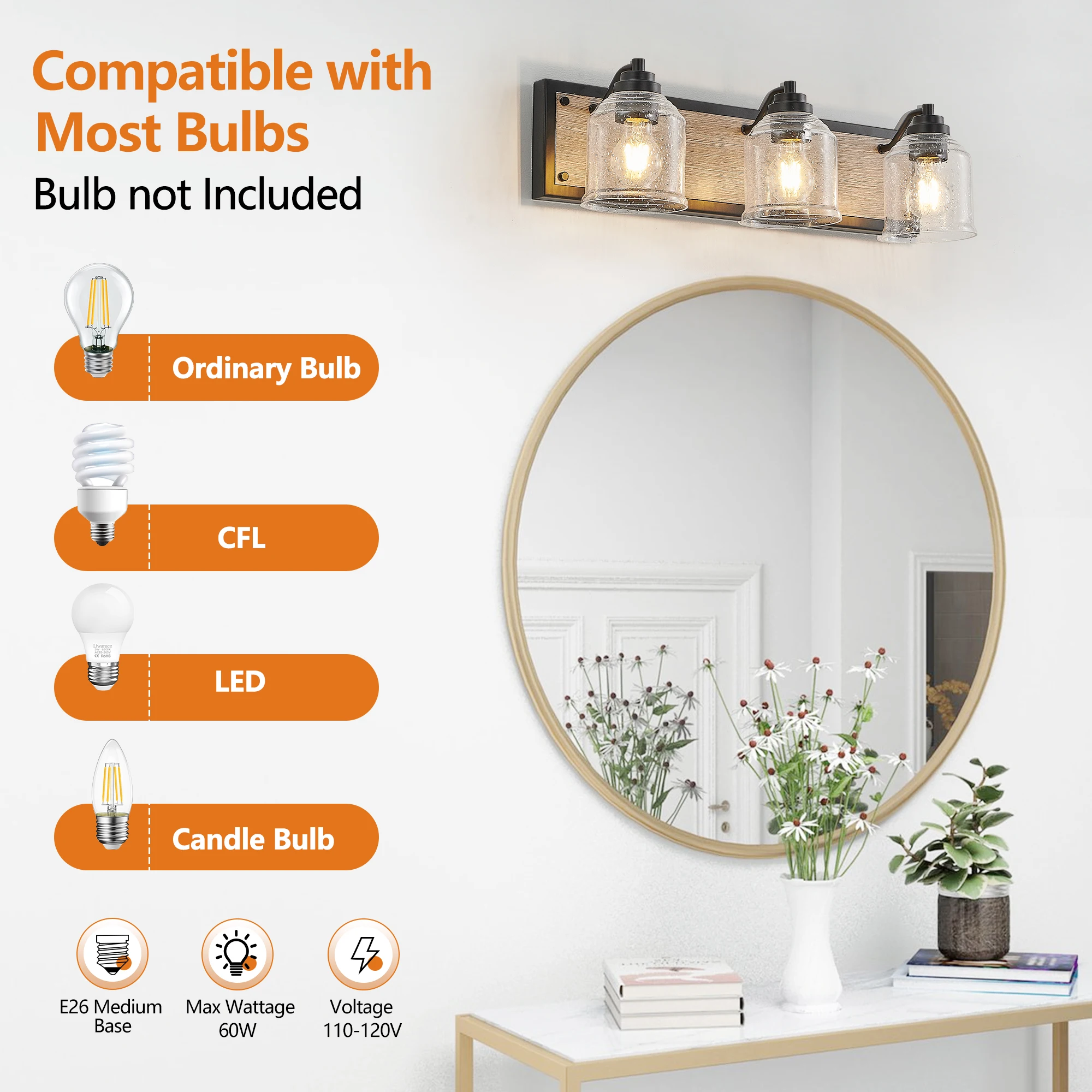 L001019-W3B Front Mirror Light Crystal Lampshade, Rust-Proof and Waterproof, Suitable for Bathroom Vanity, Power Supply Hardwired, Compatible with E26 Light Source, North American Ul Certified, Modern Minimalist Style