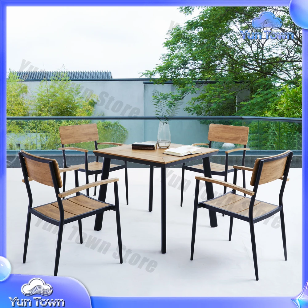 Modern Style Patio Waterproof Outdoor Dining Sets Teak Color Plastic Wood Tables Chairs For School Courtyard Or Restaurant