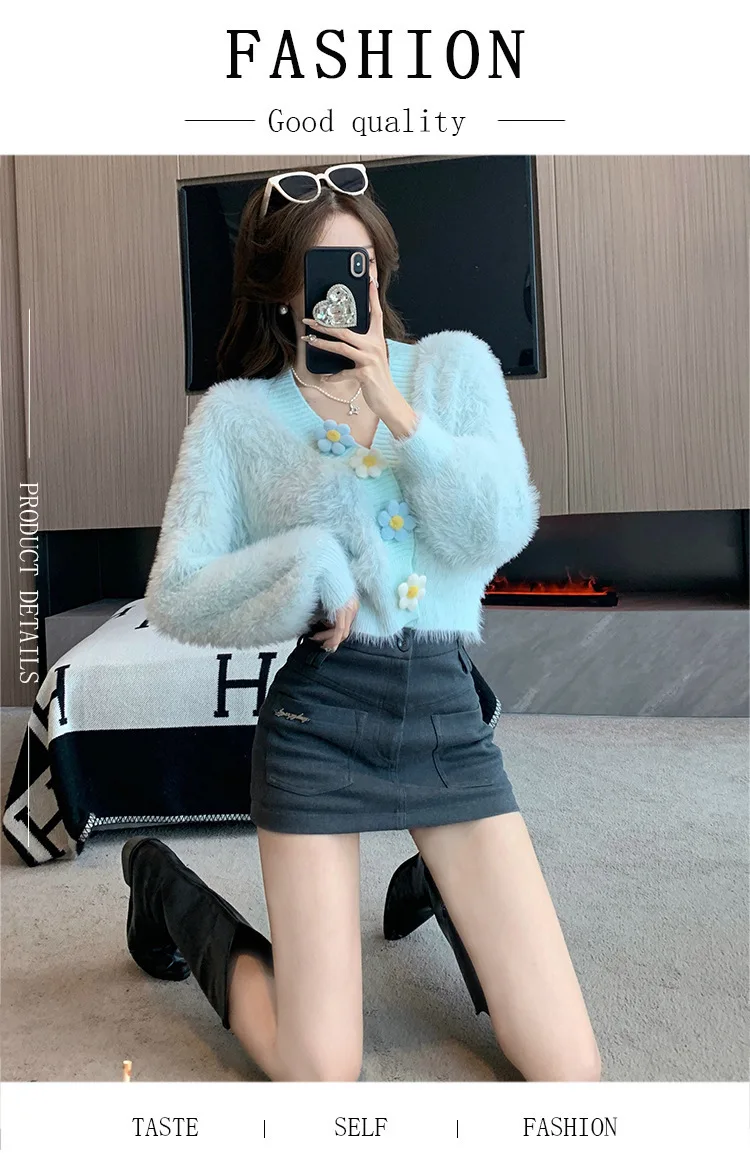 Autumn Winter Three-Dimensional Wer Button Mink Knitted Cardigan Top Loose, Sweet, Soft And Sticky Fur Short Jacket For Women