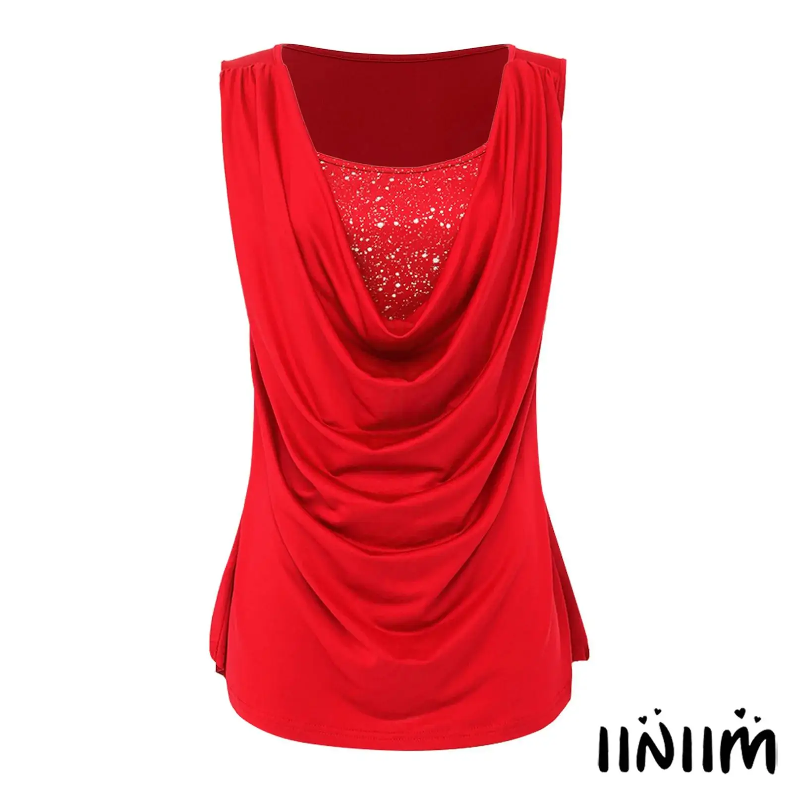 Women Metallic Shiny Cowl Neck Tank Top Sleeveless Printed Layer Draped Ruched Stretchy Vest Blouse for Office Party Work