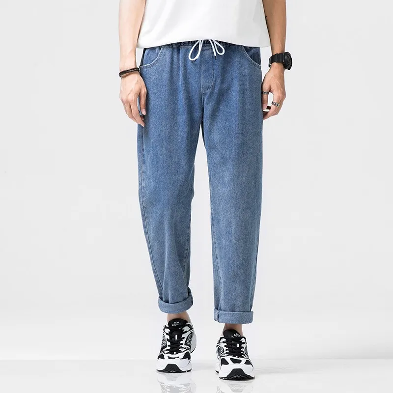 

Autumn Men Denim Wide-leg Pants Korean Style Straight Light Blue Baggy Jeans Elastic Waist Student Trousers Male Black Gray