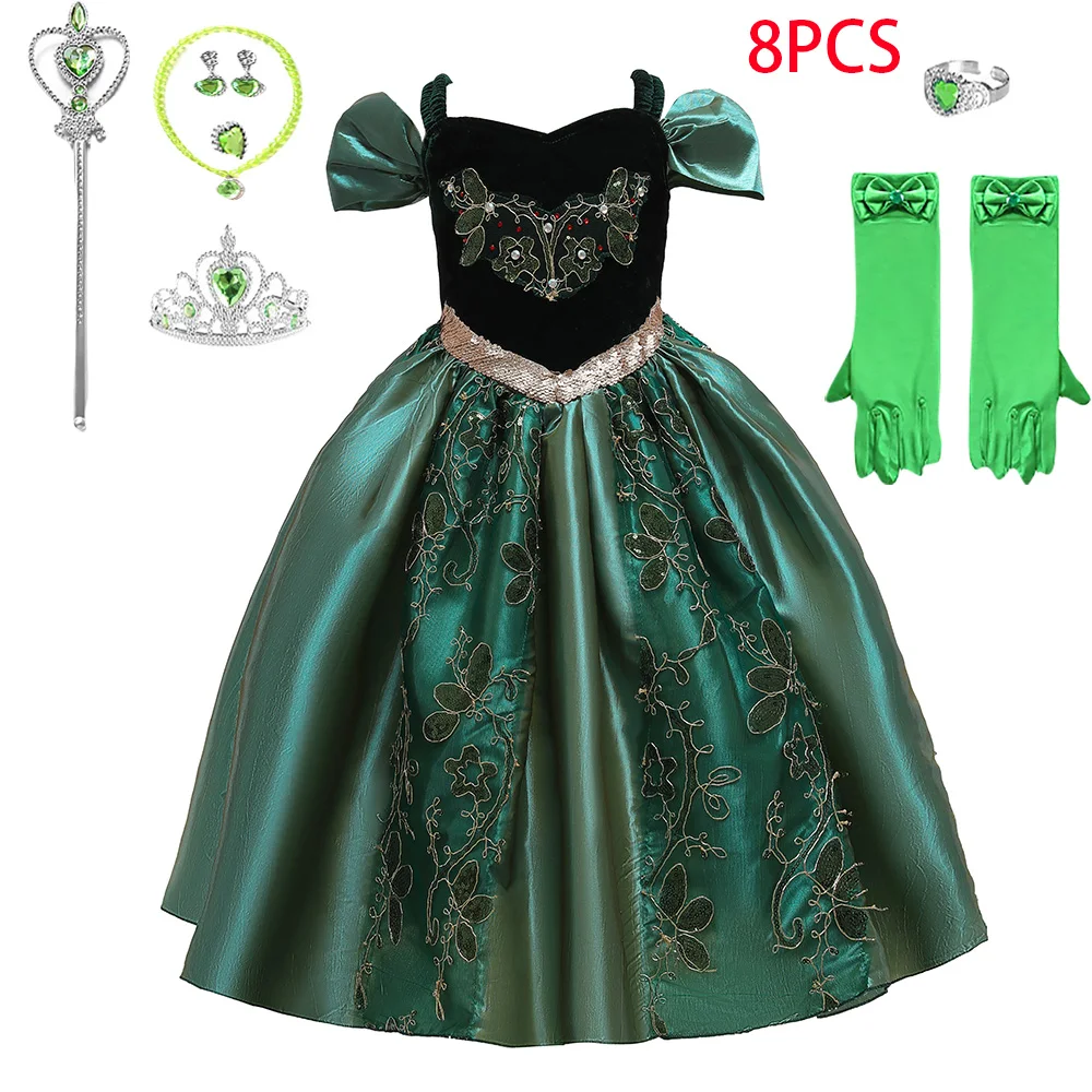 Girls Ice Green Frozen Anna Party Princess Gown Kids Embroidery Cosplay Dress Young Girl Fluffy Evening Clothes Children Costume