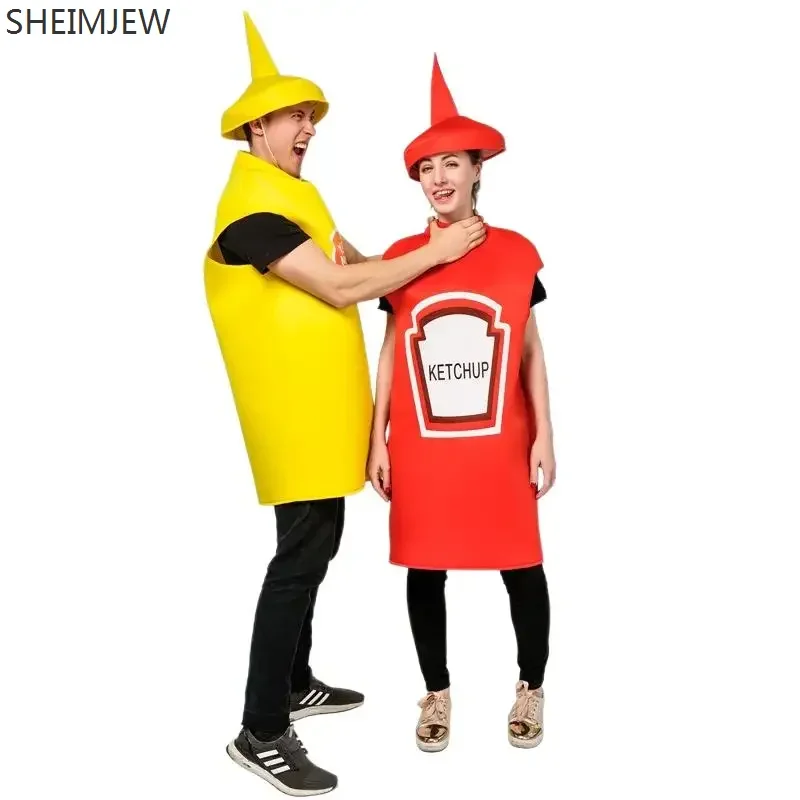 2023 Unisex Ketchup And Mustard Jumpsuit With Hat Funny Food Party Clothes Halloween Costume For Men And Women