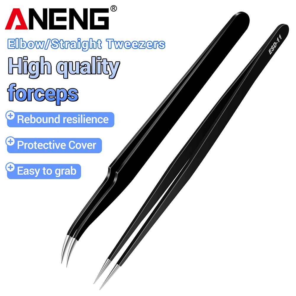 ANENG – pincettes en acier inoxydable, pointe droite et incurvée, antistatiques, de précision, pour réparation électronique, soudure de circuits imprimés