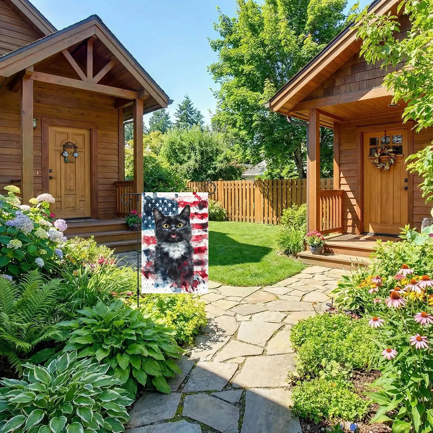 Patriotic Stars and Stripes Tuxedo Cat Garden Flag 12x18 Inch Double Sided Outside, USA 4th of July Memorial Day Independenc PPZ