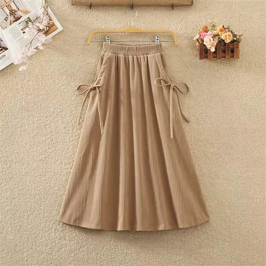 Gowyimme New Spring Autumn Fashion Women High Waist Corduroy Skirt Girl Midi-long A-line Pleated Skirt Bottomings Retro PD1743