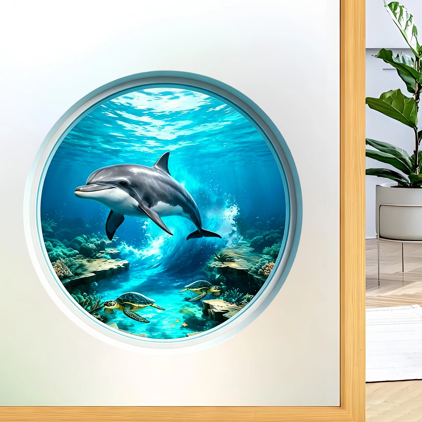 Underwater Dolphin Porthole Wall Decal, Ocean Scene Vinyl Sticker for Nautical Home Decor