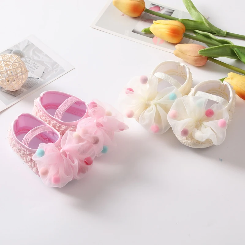 Infant Baby Girl Shoes Newborn Cute Bow Flowers Headband Anti-Slip Soft Sole First Walkers Toddler Cotton Baptism Shoes