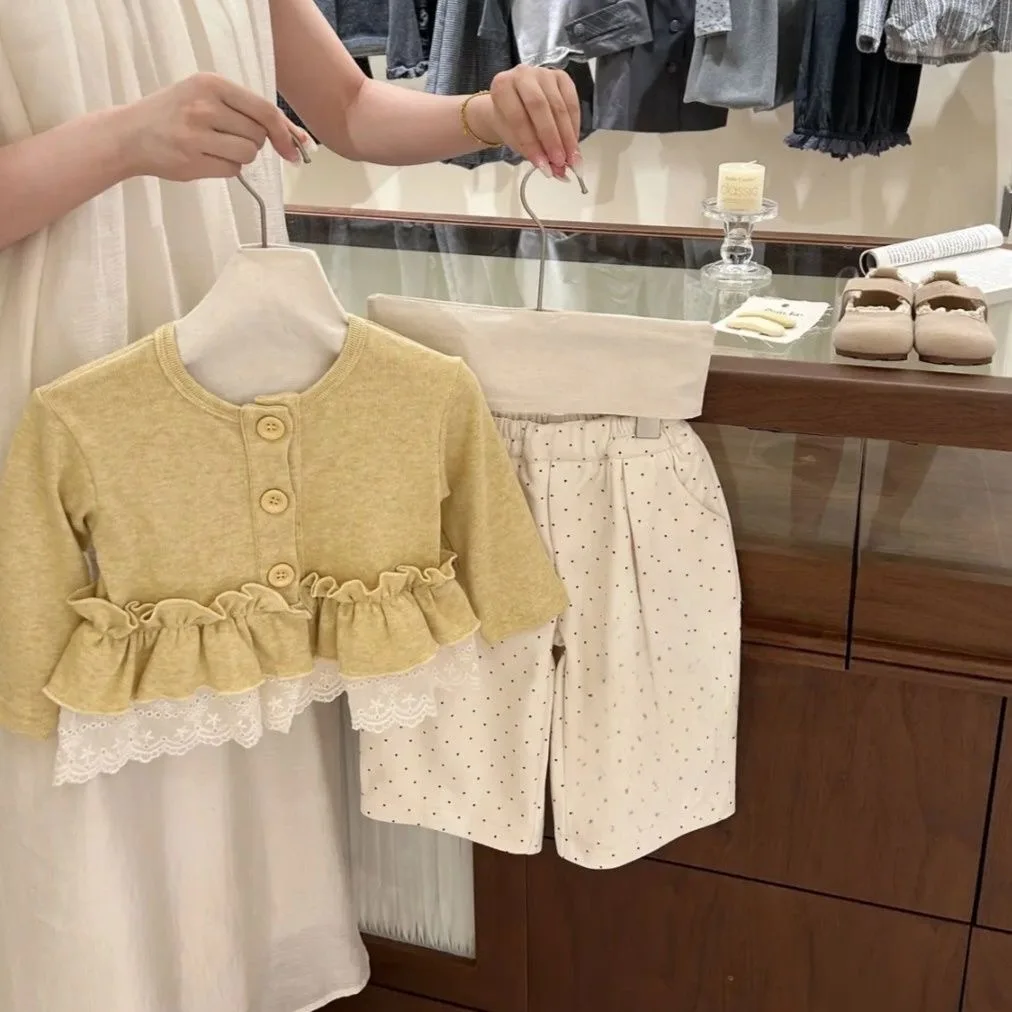 

Children's Clothing Girls' New 2026 Spring Korean Version Suit Lace Jacket Polka Dot Pants Sweet Kids 2 Piece Set