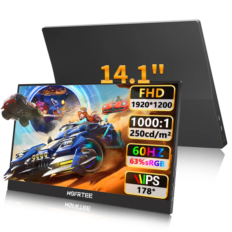 HGFRTEE Protable Monitor 14.1 Inch Full HD 1200P 16:10 Dual Speakers Dual Type-c and MINI HDMI for Mac PC Phone Xbox PS5 Switch