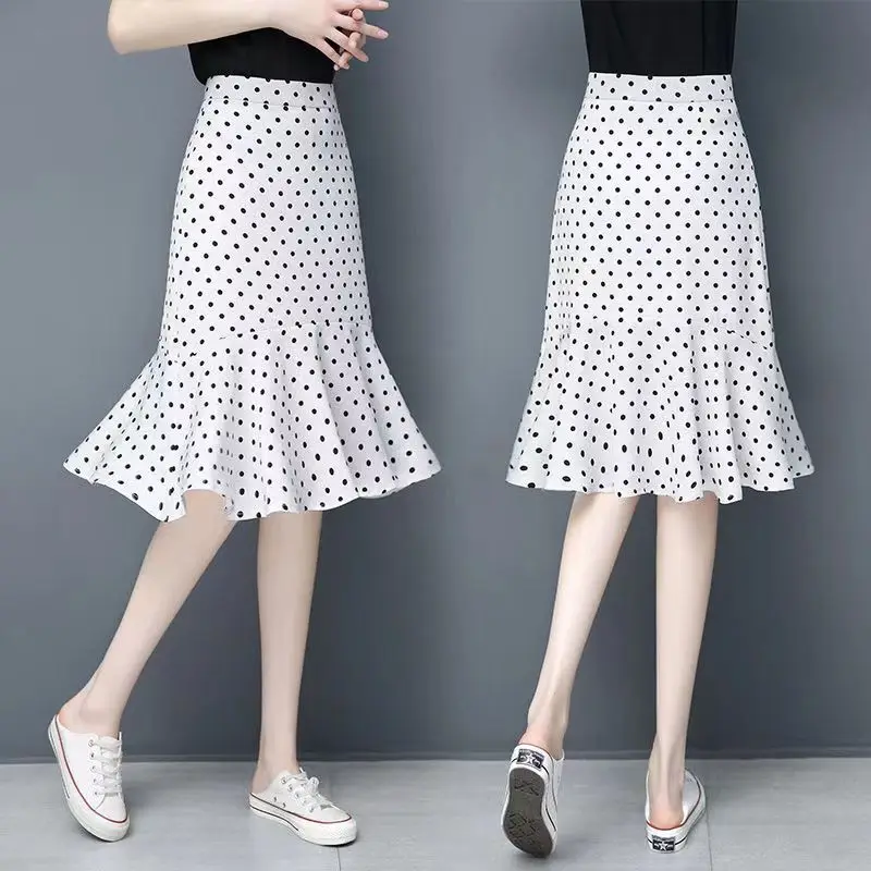 

Юбка с хвостом в горошек и высокой талией, утягивающая красивая юбка средней длины из ледяного шелка с драпировкой, женская юбка для поездок на работу, лето 2025 г.