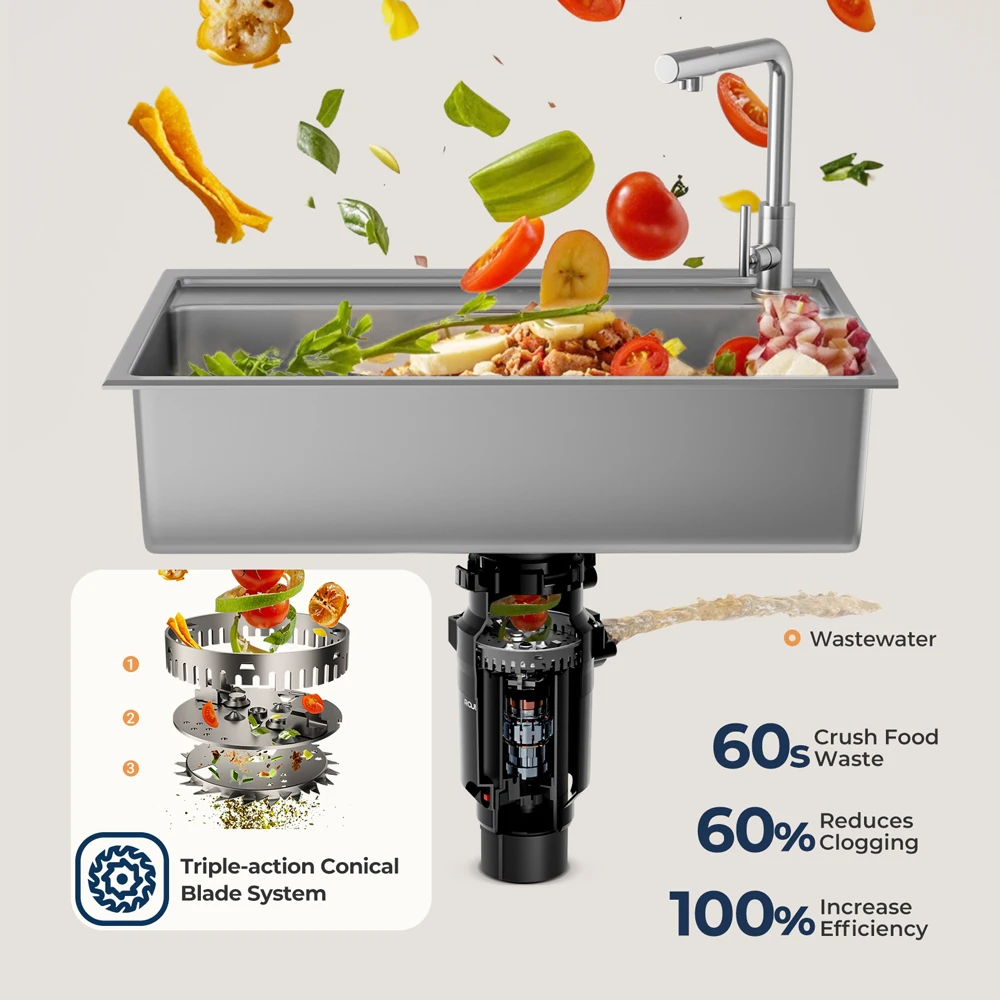 Continuous Feed Garbage Disposal with Sound Reduction,1/2 HP Food Waste Disposer with Stainless Steel Grinding System