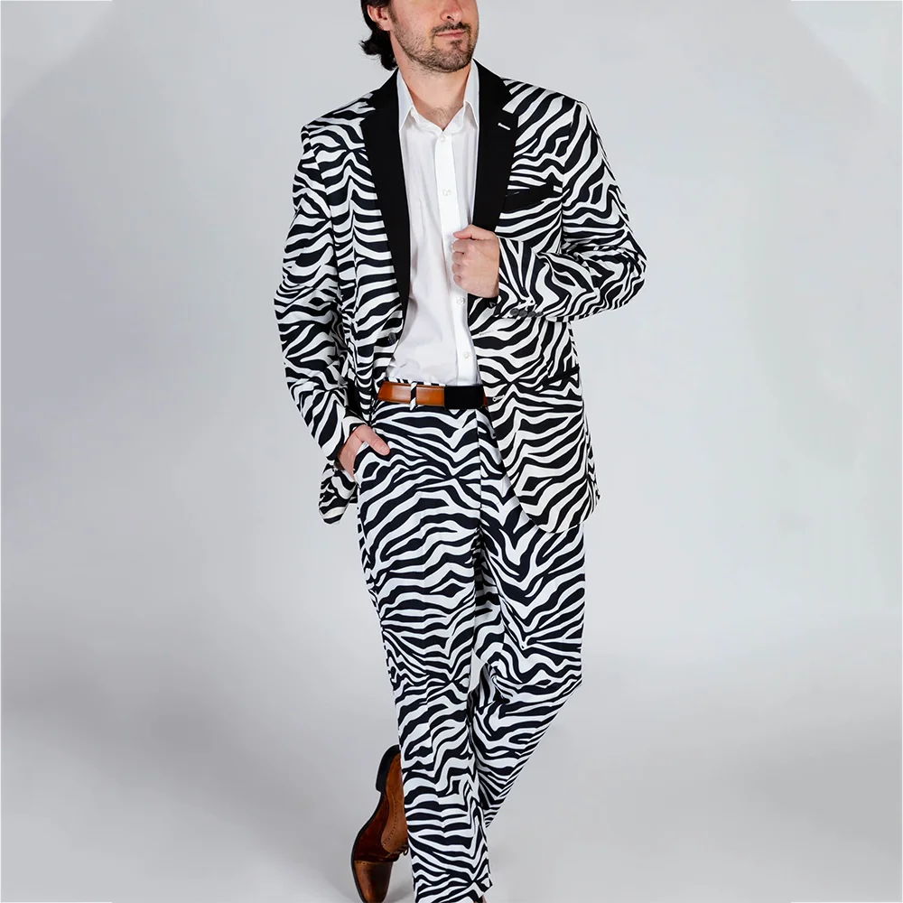 

Casual Fashion Suit Set Two Piece Chic Zebra Pattern Notch Lapel Unique Design Outfit Social Club Prom Male Outfit(Jacket+Pants)