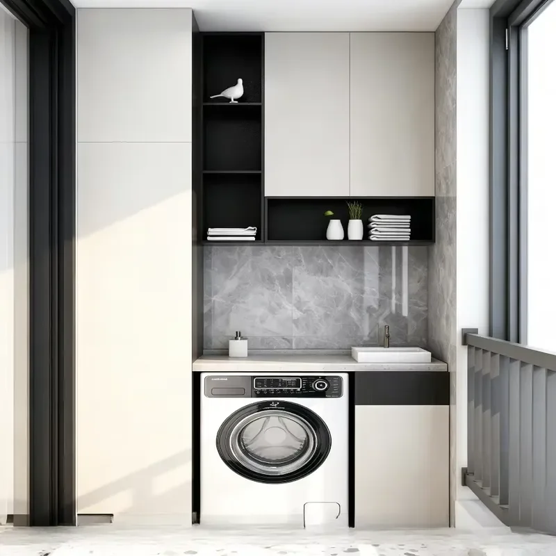 BALOM Custom Balcony Storage Unit Cream White Solid Finish Flush Doors Black Open Shelving System Stone Effect Countertop