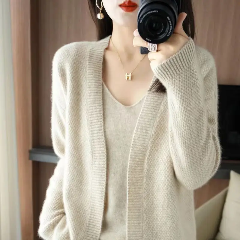 Two Piece Set for Women 2023 Autumn Winter Korean Fashion Solid Elegant Knitted Cardigan Simple V Neck Loose Sweater Vest Outfit