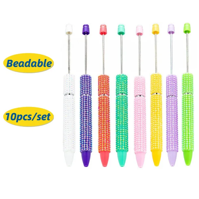 

10pcs DIY Diamond-encrusted Long Beaded Pen Cute Girl Heart Plastic Pen Multicolor Spinning Hand Beaded Ballpoint Pens