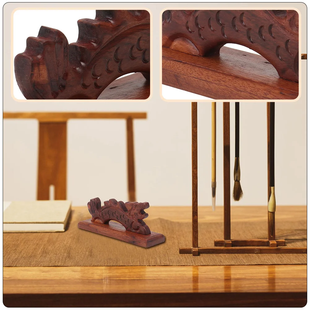 

2Pcs Dragon Shape Red Sandalwood Ink Brush Holder Calligraphy Brush Rack Solid Wood Pen Stand Desktop Ornament Chinese Style