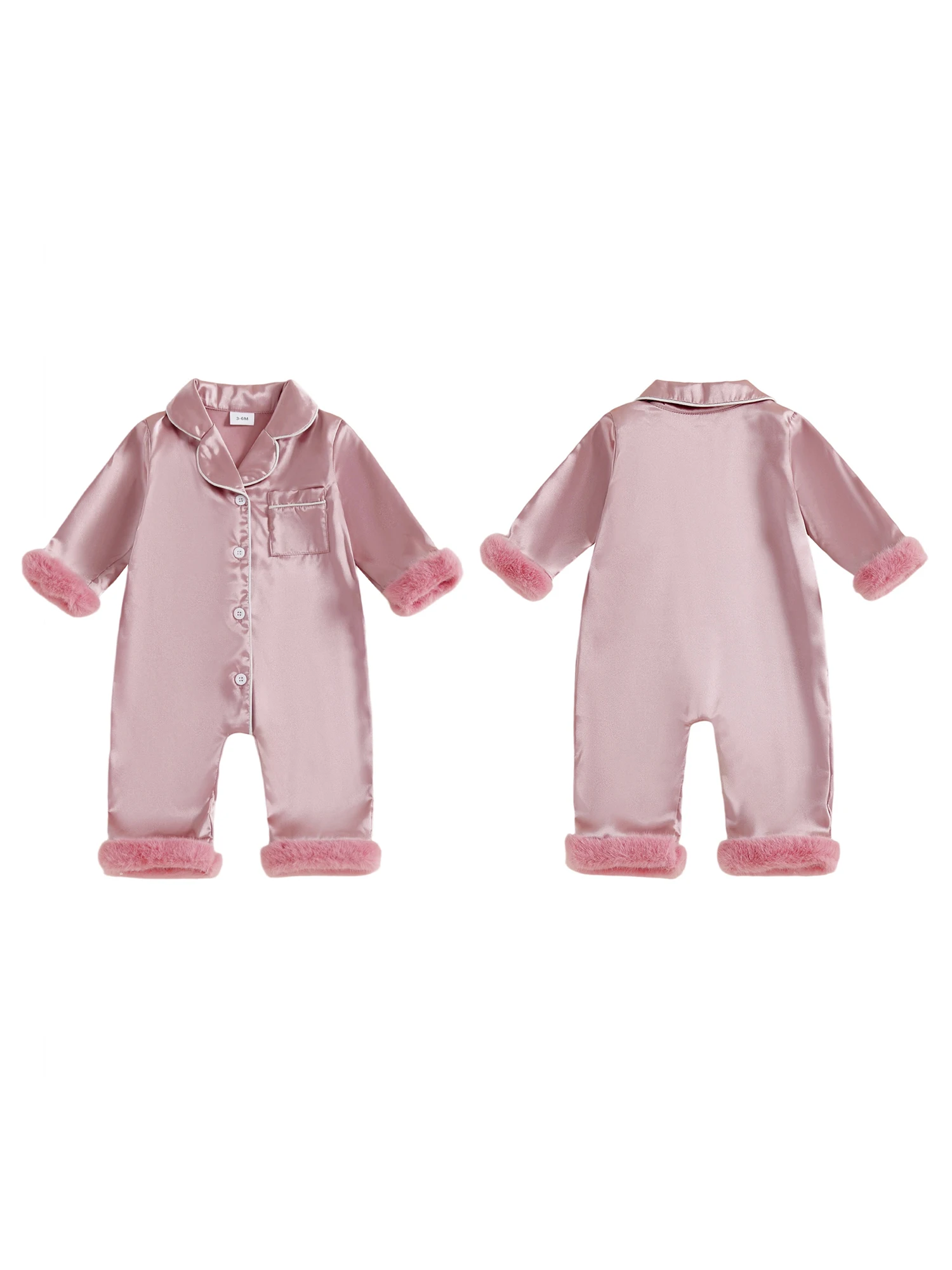 Setelan Pakaian Tidur Bayi Satin dengan Trim Bulu Imitasi, Kerah Kontras V-Neck dan Lengan Panjang - Romper Kancing Depan untuk Bayi Perempuan