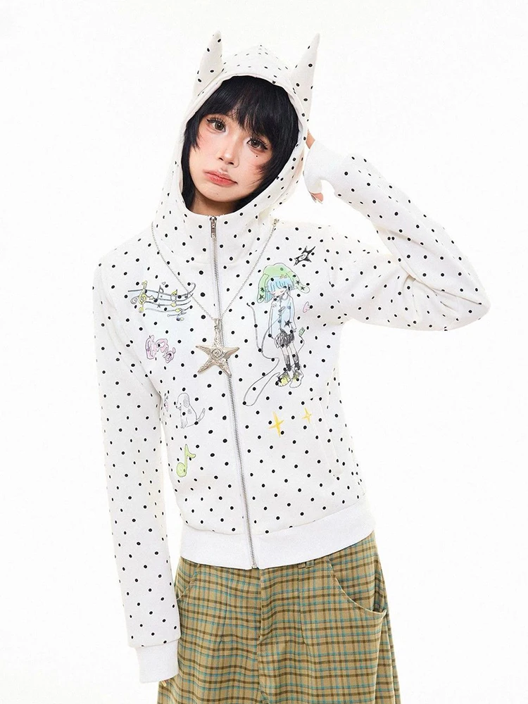 Women Cartoon Kawaii Hoodies Fall Long Sleeve Cute Cat Ears Dot Sweatshirts Loose Fashion Preppy Style Pockets Zipper Coat Tops