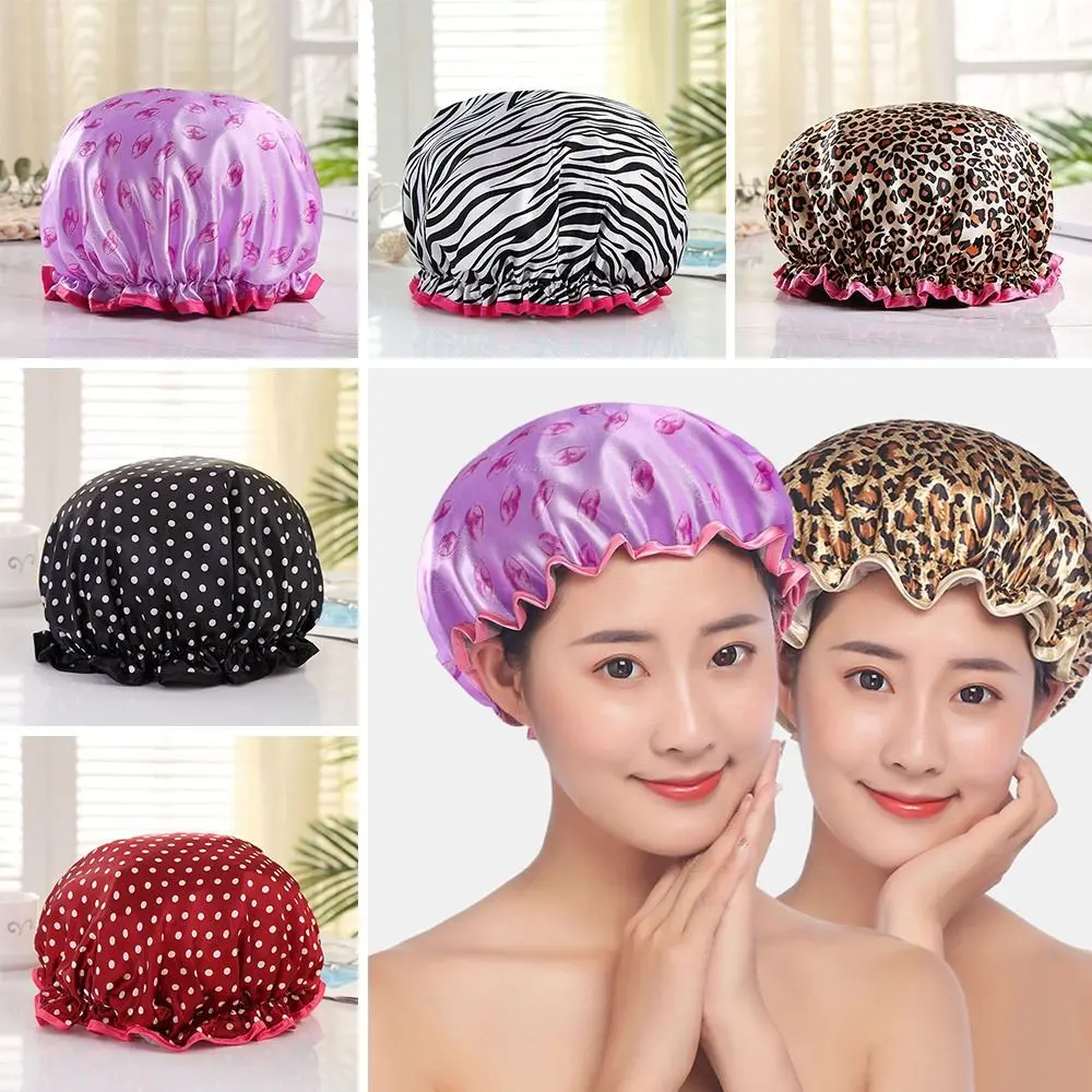 Creative Large Double Layers Thick Waterproof Shower Cap Reusable Printing Women Bath Hat Breathable Shower Hair Cover