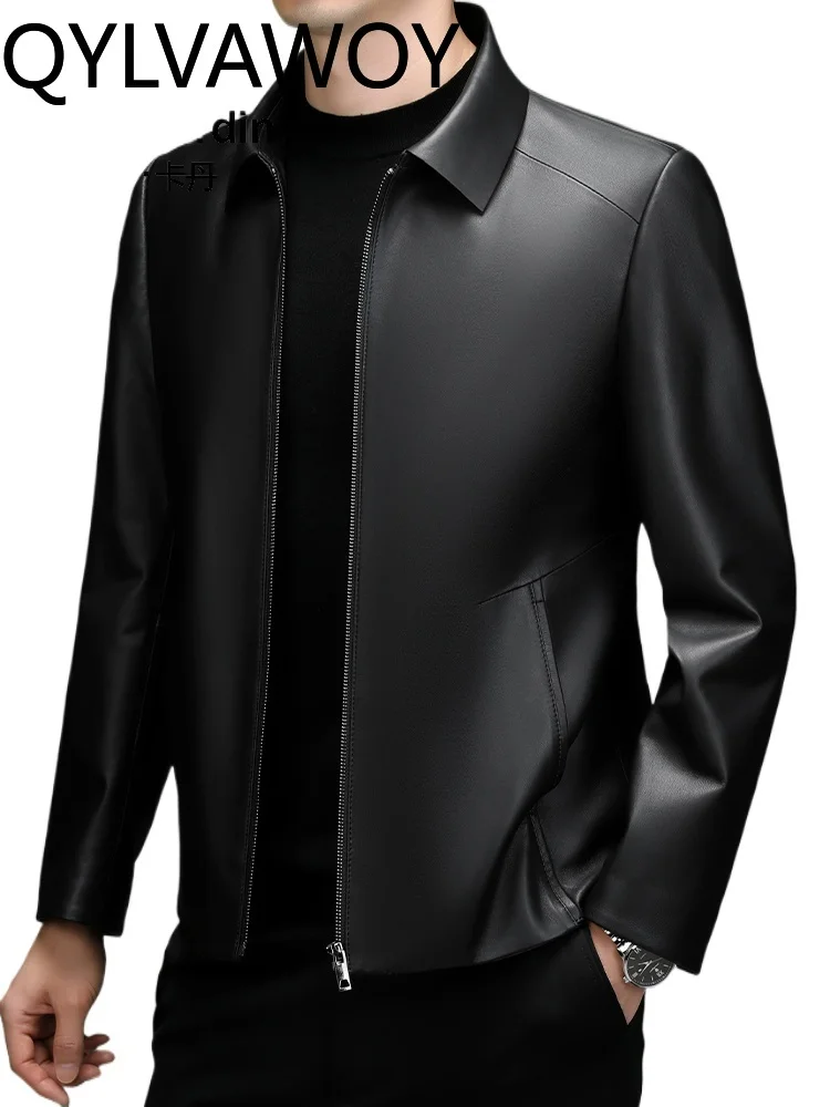 

QYLVAWOY 2025 осень-зима новая мужская кожаная куртка из натуральной овчины с лацканами в деловом стиле теплая стильная верхняя одежда LJ2685