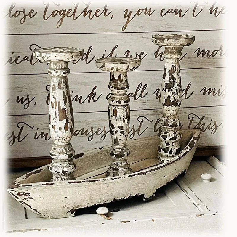 Rustic Distressed White Wooden Candle Holder Set with Boat Shaped Tray, Vintage Farmhouse Decor, Fir Wood