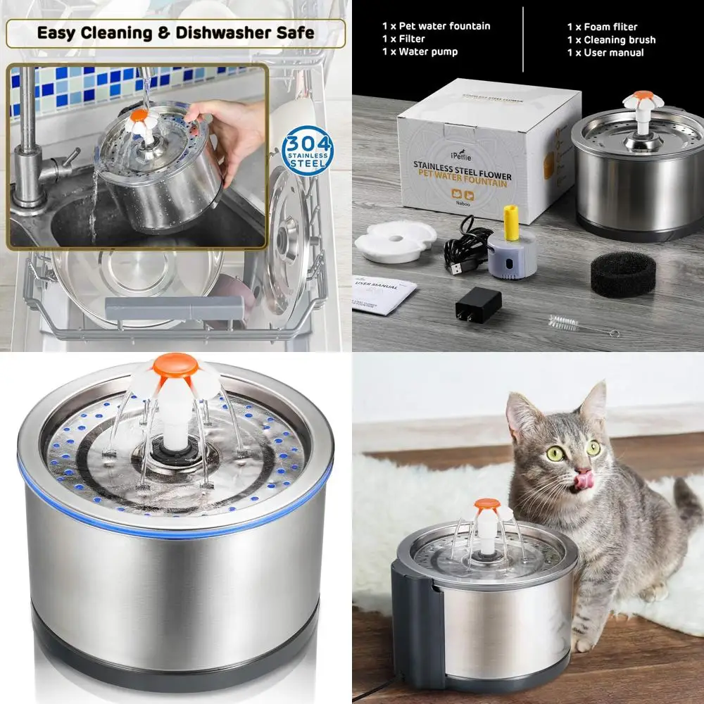 

Бесшумный 4-ступенчатый фонтан для кошек из нержавеющей стали, 2,5 л (84 унции), со светодиодной подсветкой и фильтром для домашних животных