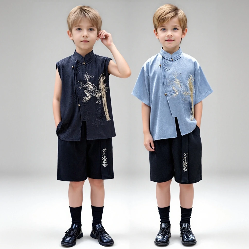 Boys Chinese Hanfu Set  Black Embroidered Mandarin Vest  Shorts Two-piece School Children Performance Costume Kids Outfits 10 Y