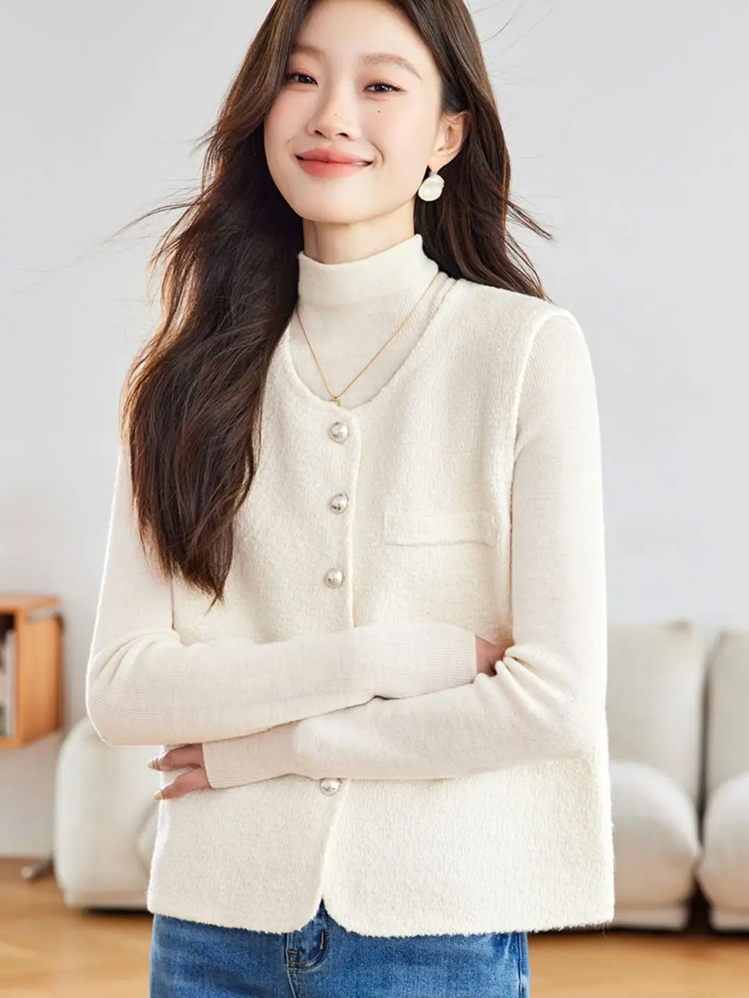 

Faionable Knitted Sweater Vest Women's Outerwear Spring Autumn ort Sle round Ne Single Button Pure Color Commute Sle