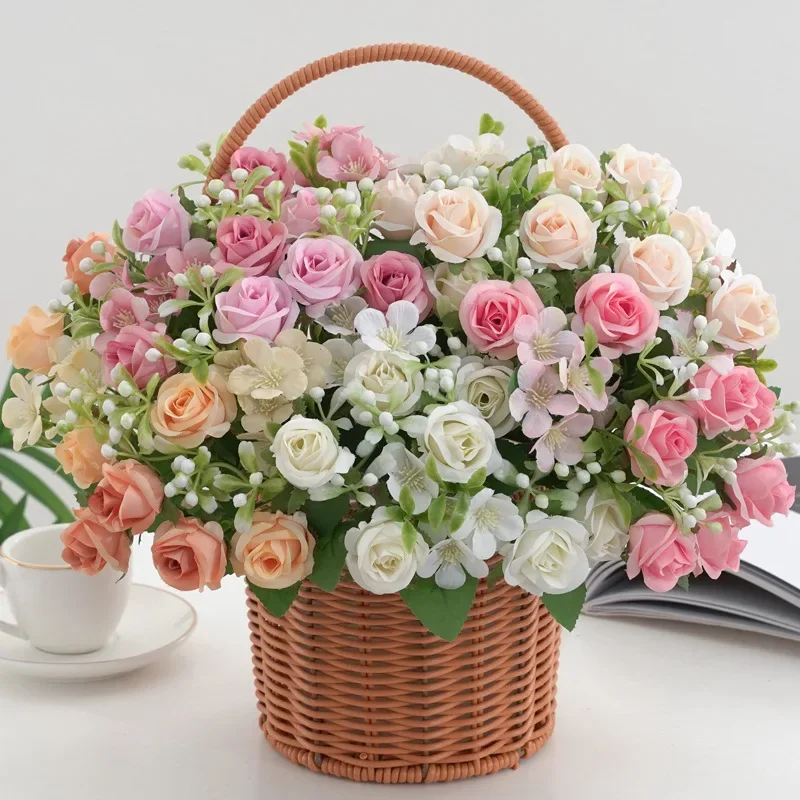Green Aloes Simulation Flowers 8-head Elsa Small Rose Bouquet Wedding Decoration Fake Flower Artificial Pink Roses Hydrangea