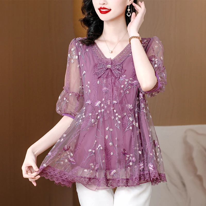 Women Summer Embroidery Floral Natural Silk shirt Vintage Short Sleeve Tops Casual Shaped Pullover Tee Shirt